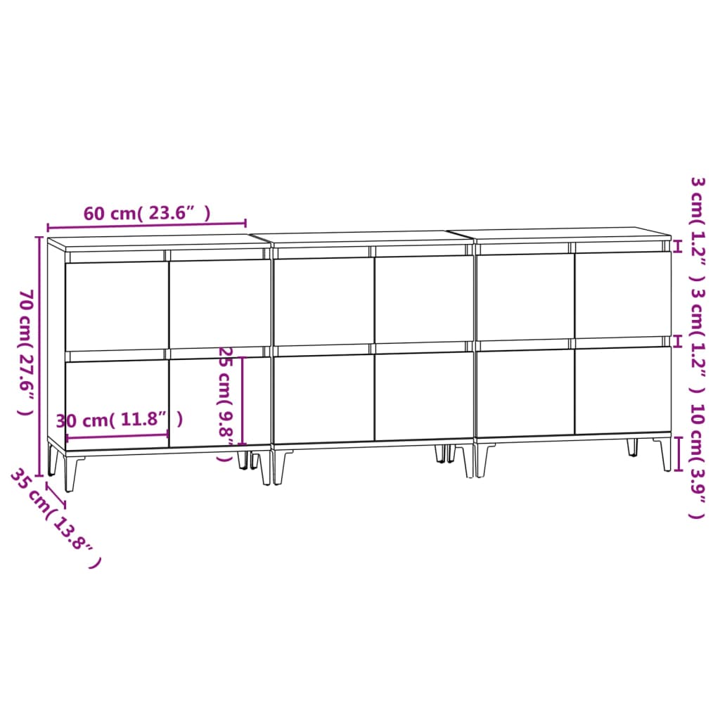 vidaXL Ντουλάπι 3 τεμ. Γκρι Sonoma 60x35x70 εκ. από Επεξεργασμένο Ξύλο