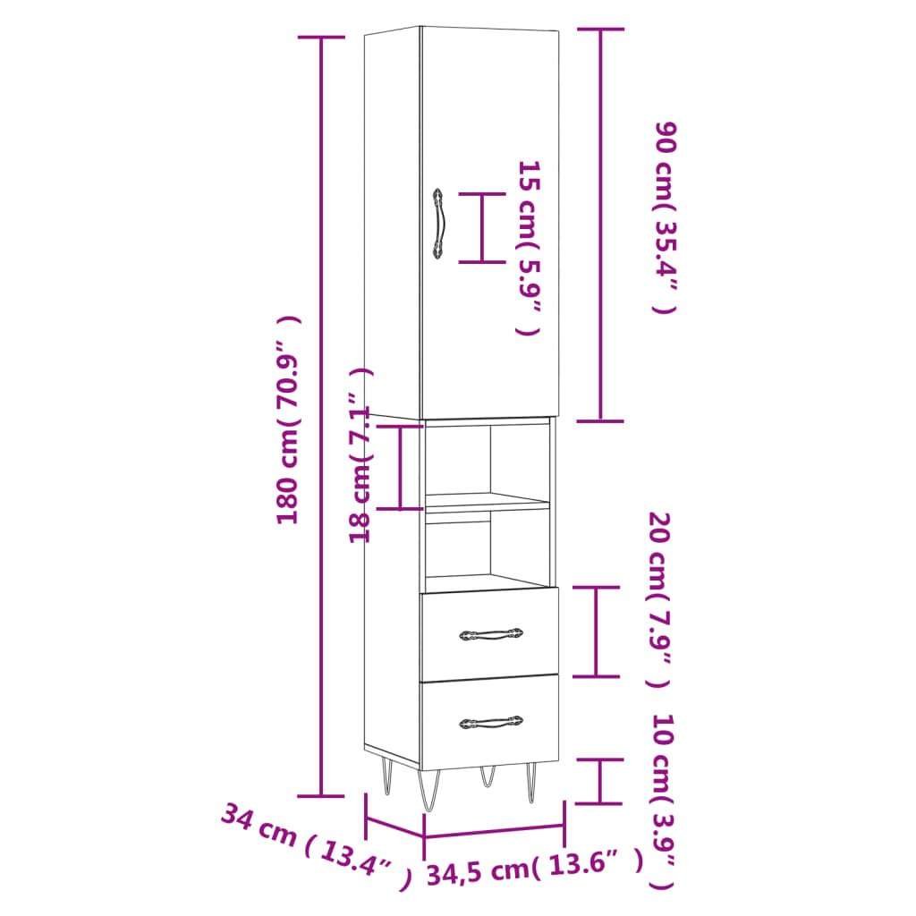 vidaXL Μπουφές Sonoma Γκρι 34,5 x 34 x 180 εκ. από Επεξεργασμένο Ξύλο