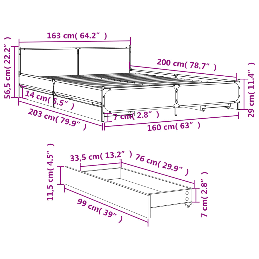 vidaXL Πλαίσιο Κρεβατιού με συρτάρια Sonoma Δρυς 160x200εκ. Επεξ. Ξύλο