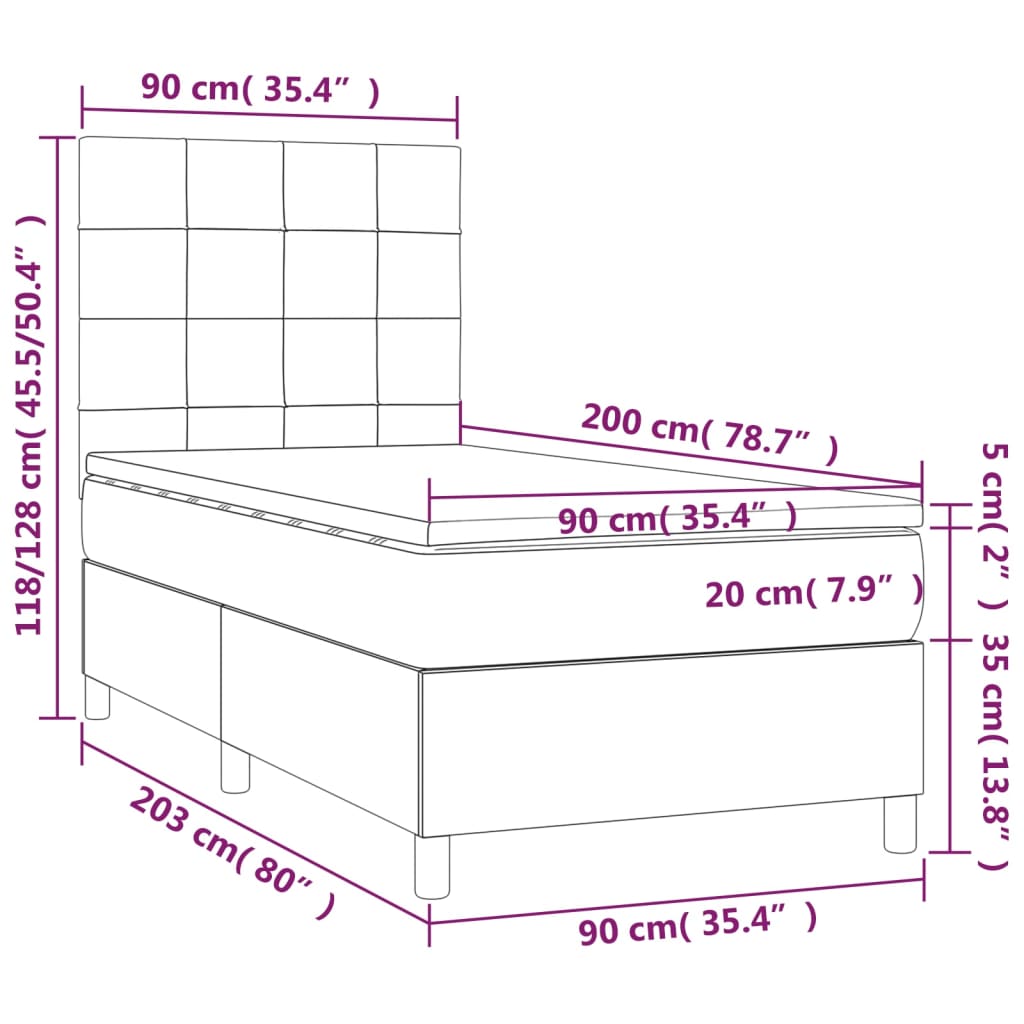 vidaXL Κρεβάτι Boxspring με Στρώμα & LED Σκ.Γκρι 90x200 εκ. Υφασμάτινο