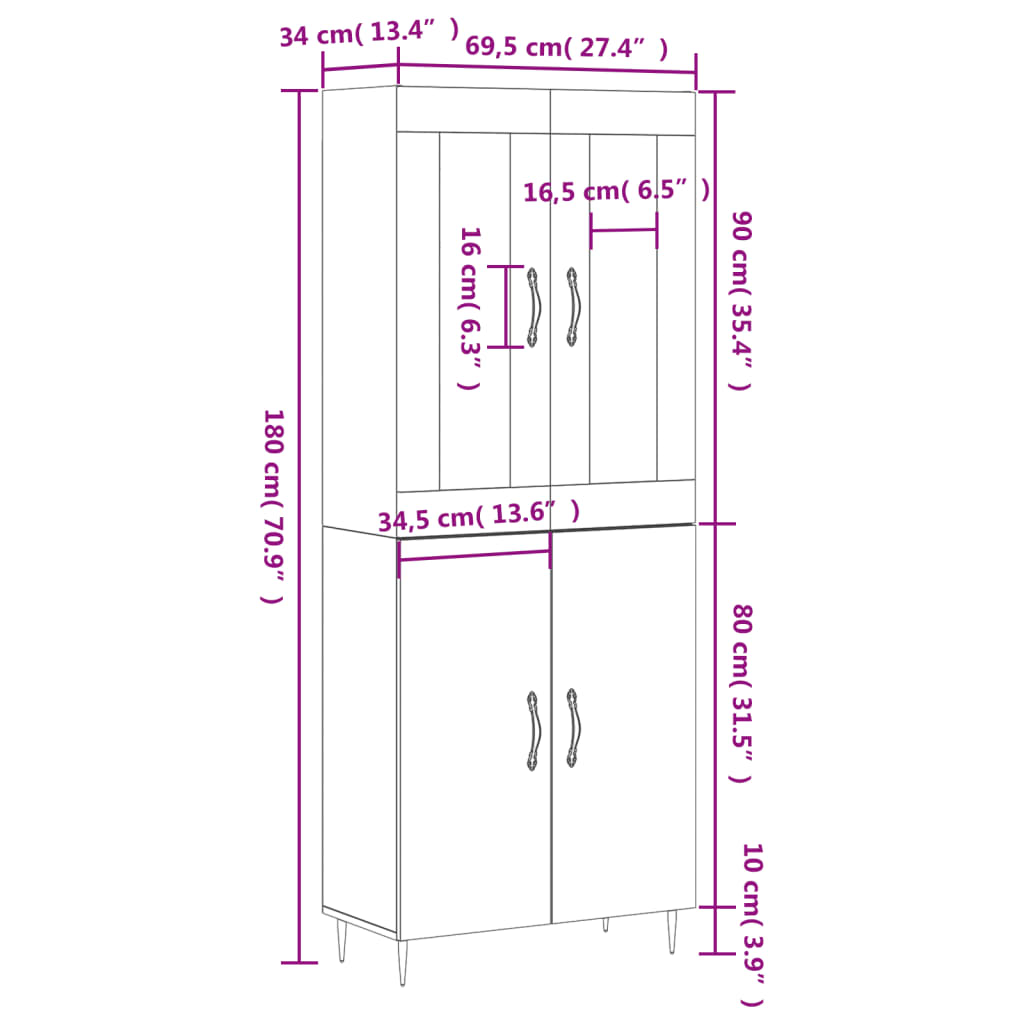 vidaXL Ντουλάπι Γκρι Sonoma 69,5 x 34 x 180 εκ. Επεξεργασμένο Ξύλο