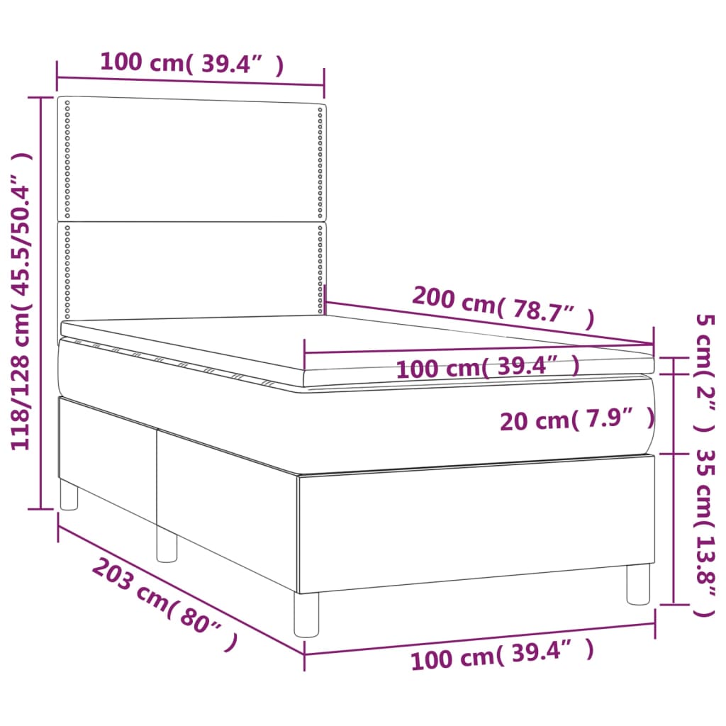 vidaXL Κρεβάτι Boxspring με Στρώμα Σκούρο Γκρι 100x200 εκ. Υφασμάτινο