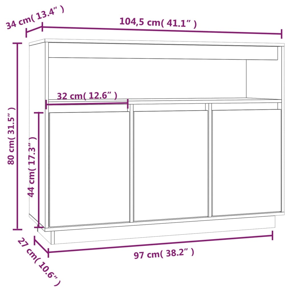 vidaXL Ντουλάπι Λευκό 104,5x34x80 εκ. από Μασίφ Ξύλο Πεύκου