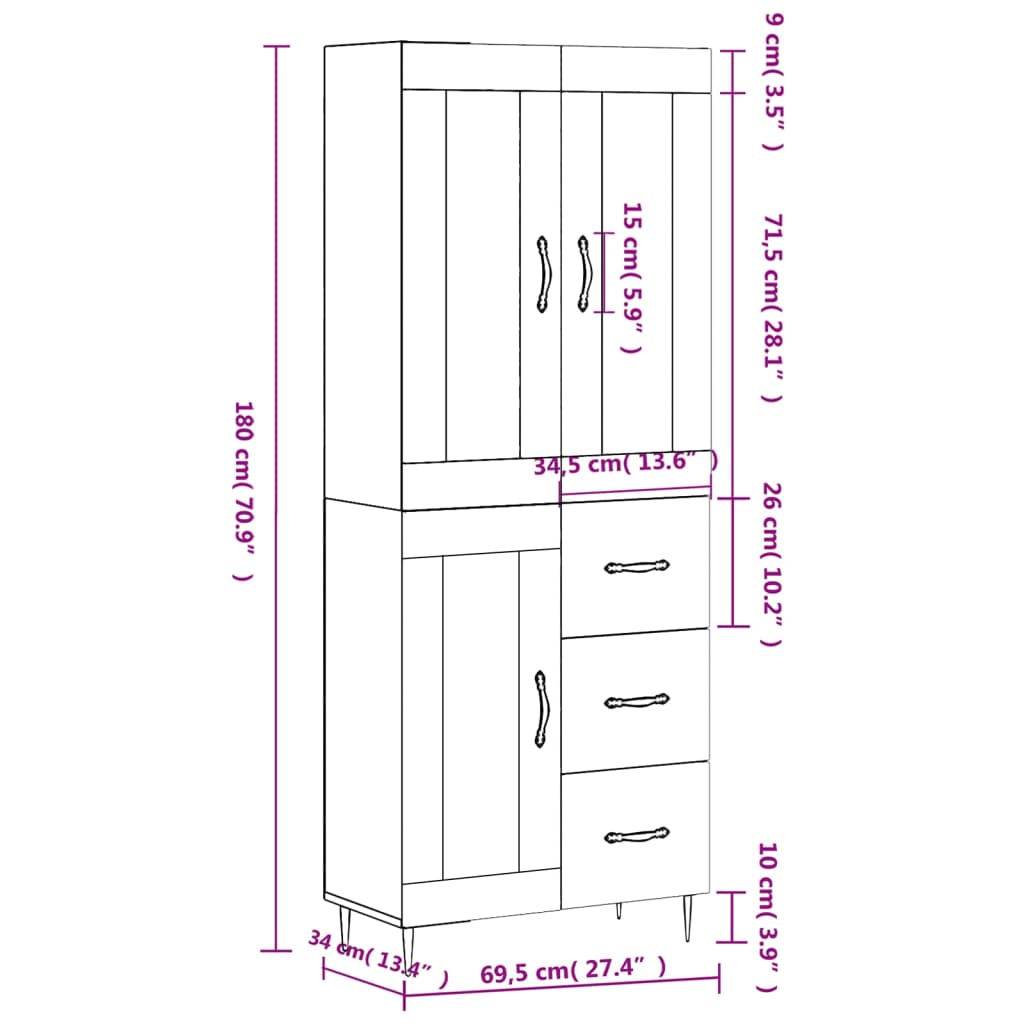 vidaXL Ντουλάπι Γκρι Σκυροδέματος 69,5x34x180 εκ. Επεξεργασμένο Ξύλο