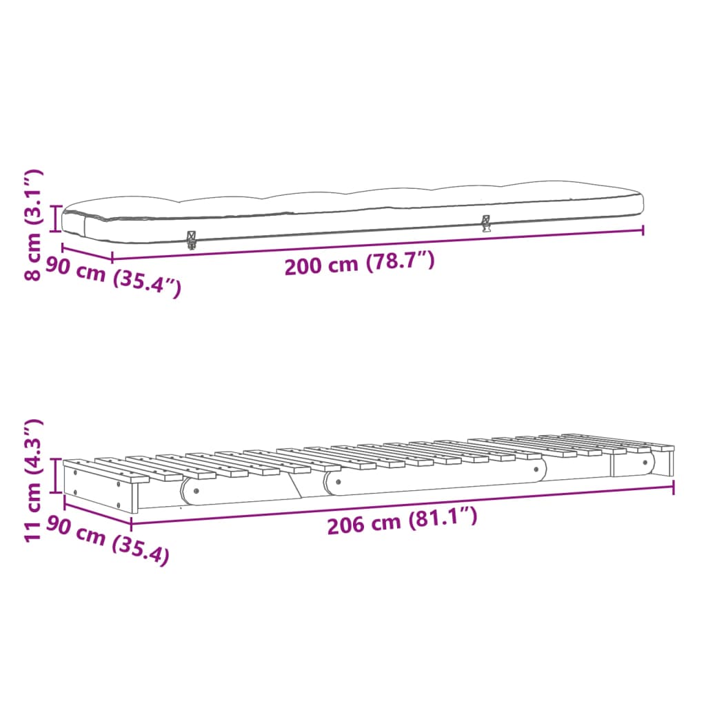 vidaXL Καναπές Κρεβάτι Futon/Στρώμα 90x206x11 Μασίφ Ξύλο Ψευδοτσούγκα