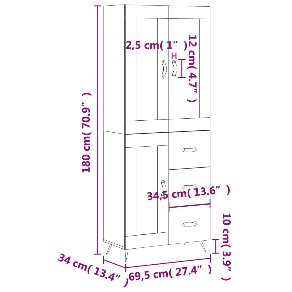 vidaXL Ντουλάπι Γυαλιστερό Λευκό 69,5x34x180 εκ. Επεξεργασμένο Ξύλο