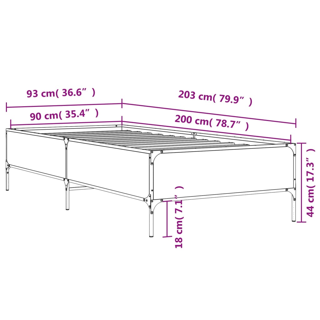 vidaXL Πλαίσιο Κρεβατιού Sonoma Δρυς 90x200 εκ. Επεξ. Ξύλο & Μέταλλο