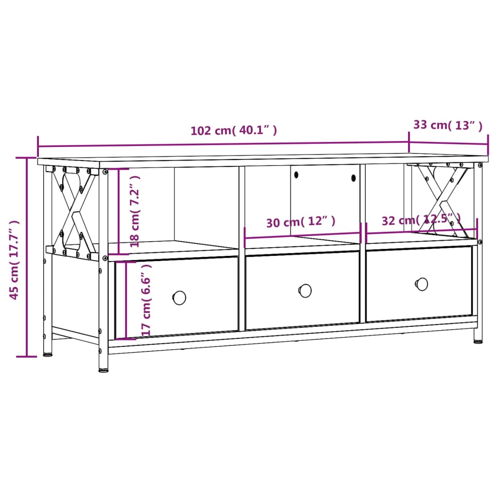 vidaXL Έπιπλο Τηλεόρασης Καφέ Δρυς 102x33x45 εκ. Επεξ. Ξύλο/Σίδερο