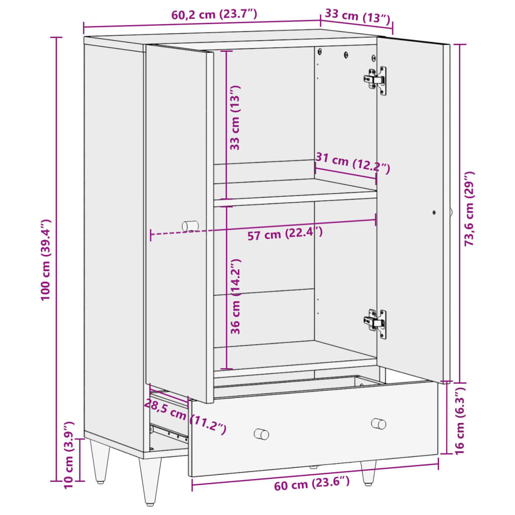 vidaXL Ντουλάπι 60 x 33 x 100 εκ. από Μασίφ Ξύλο Μάνγκο