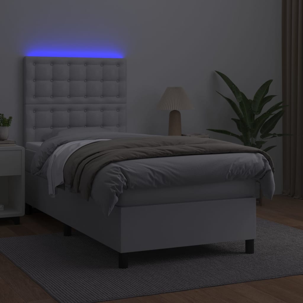 vidaXL Κρεβάτι Boxspring με Στρώμα & LED Λευκό 90x200 εκ. Συνθ. Δέρμα