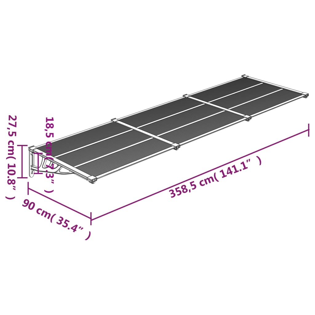 vidaXL Στέγαστρο Πόρτας Μαύρο & Διαφανές 358,5x90 εκ από Πολυκαρβονικό