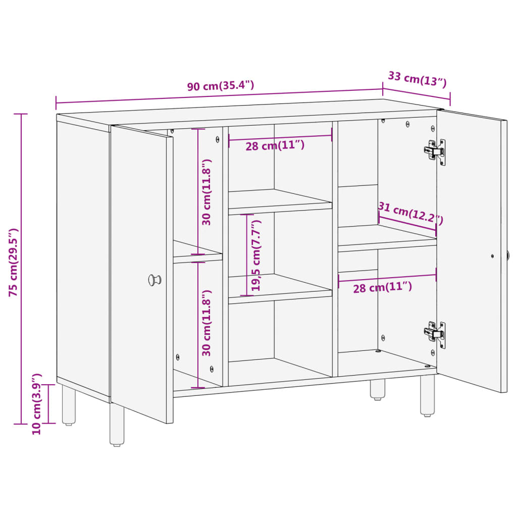 vidaXL Βοηθητικό Ντουλάπι 90 x 33 x 75 εκ. από Μασίφ Ξύλο Μάνγκο