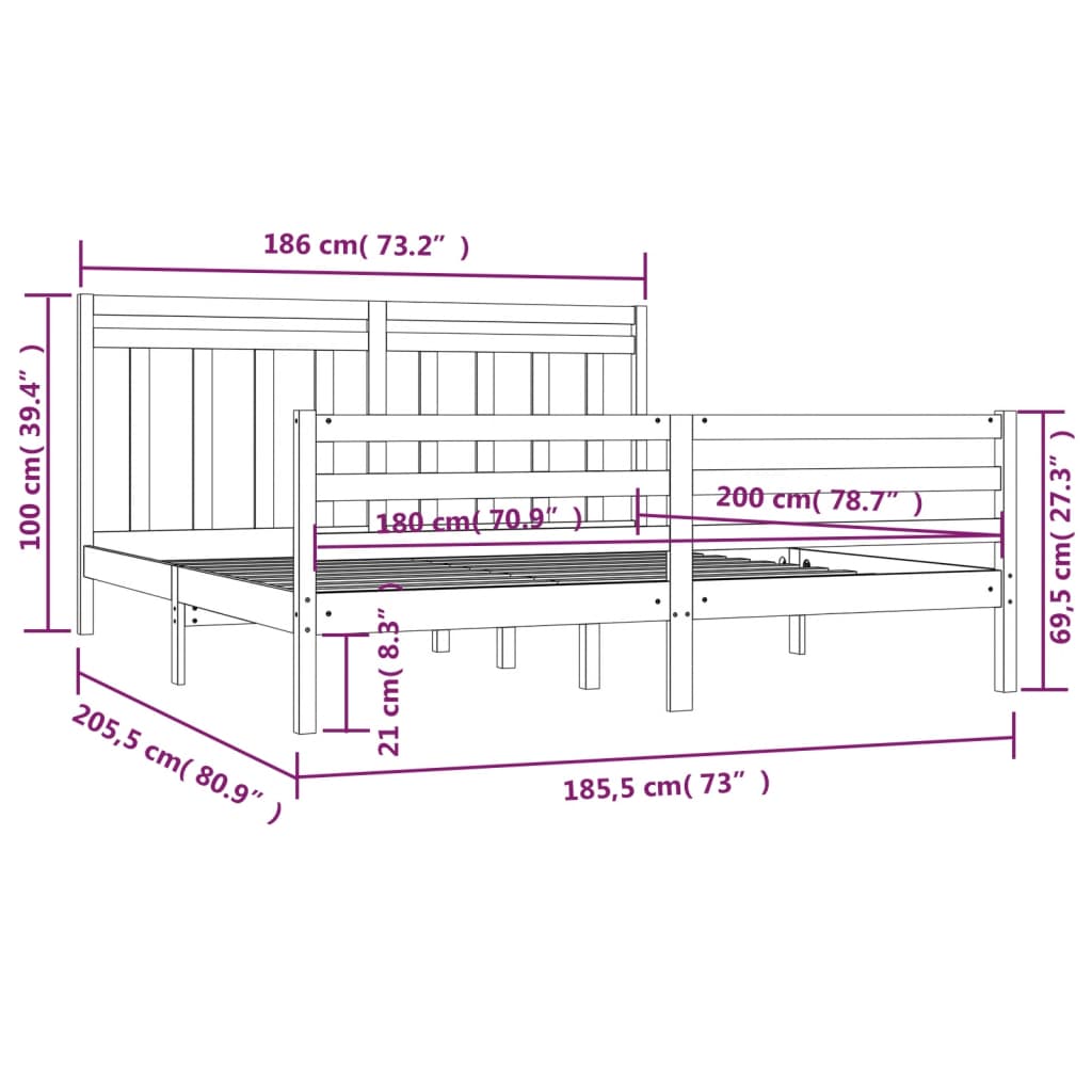 vidaXL Πλαίσιο Κρεβατιού 180 x 200 εκ. Μασίφ Ξύλο Super King Size