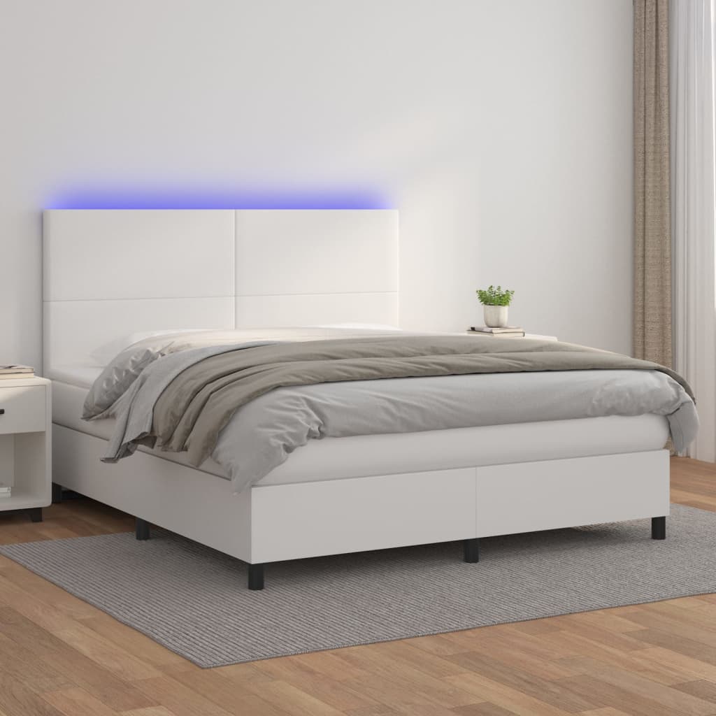 vidaXL Κρεβάτι Boxspring με Στρώμα & LED Λευκό 160x200 εκ. Συνθ. Δέρμα