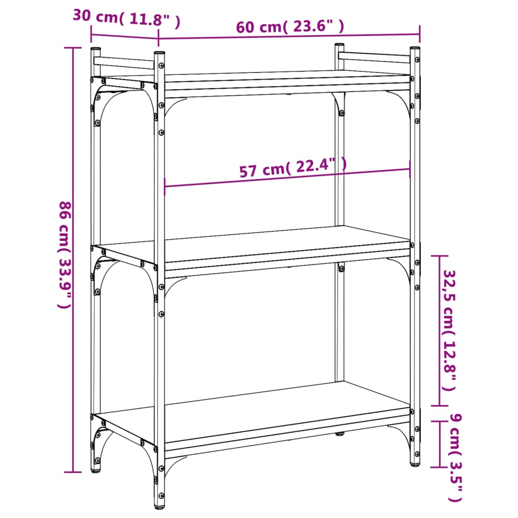 vidaXL Βιβλιοθήκη 3 Επιπέδων Καφέ Δρυς 60 x 30 x 86 εκ. Επεξεργ. Ξύλο