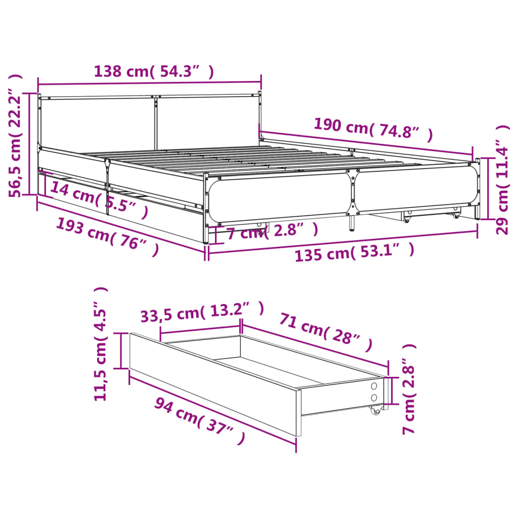 vidaXL Πλαίσιο Κρεβατιού με συρτάρια Sonoma Δρυς 135x190εκ. Επεξ. Ξύλο