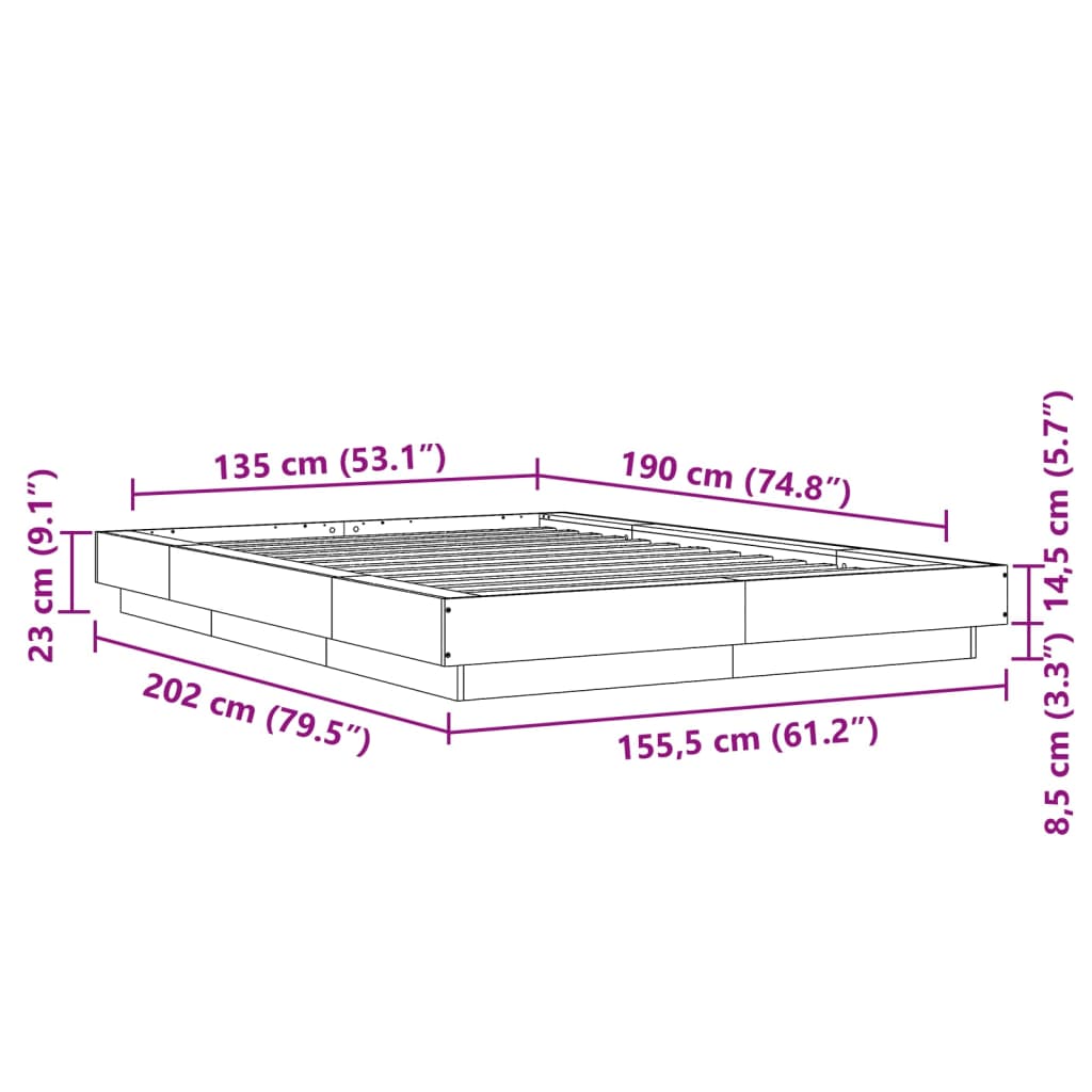 vidaXL Πλαίσιο Κρεβατιού με LED Λευκό 135x190 εκ Επεξεργ. Ξύλο