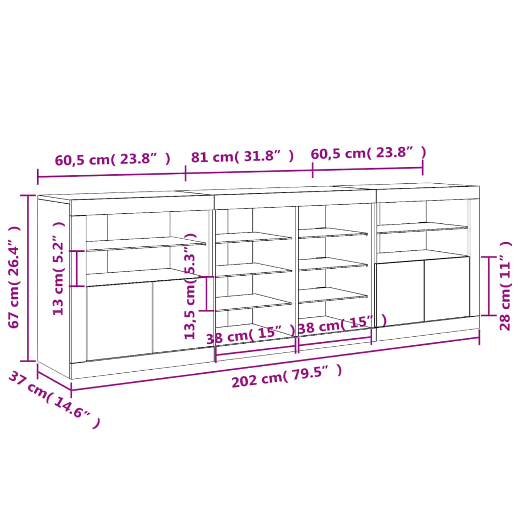 vidaXL Μπουφές με Φώτα LED Λευκός 202 x 37 x 67 εκ.