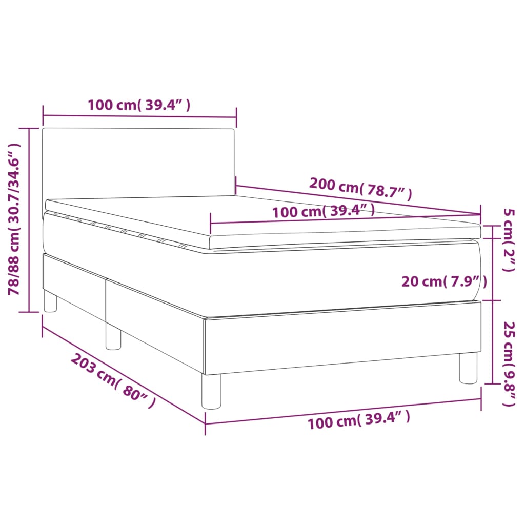 vidaXL Κρεβάτι Boxspring με Στρώμα & LED Γκρι 100x200 εκ. Συνθ. Δέρμα