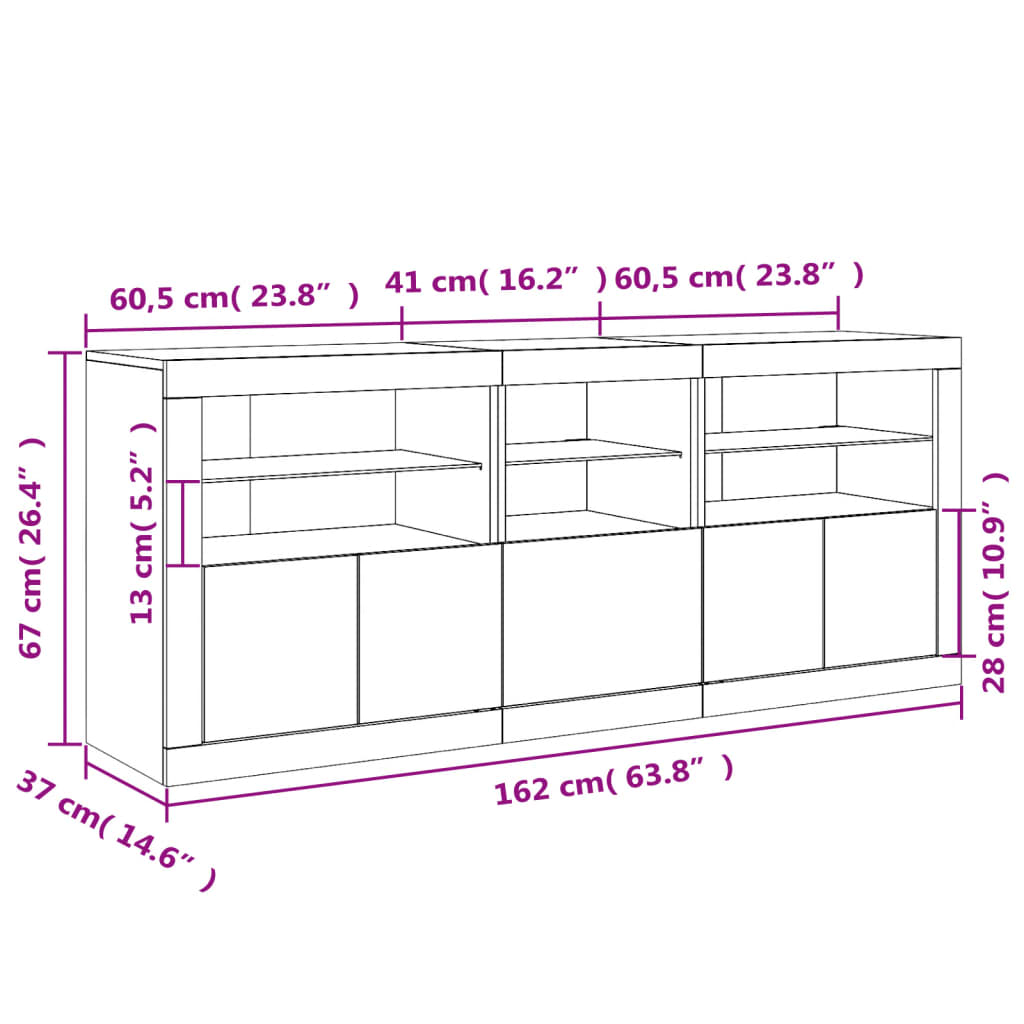 vidaXL Μπουφές με Φώτα LED Λευκός 162 x 37 x 67 εκ.