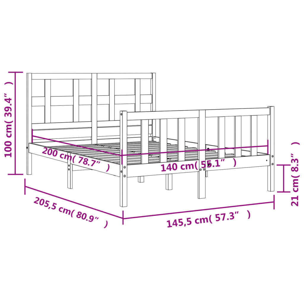 vidaXL Πλαίσιο Κρεβατιού με Κεφαλάρι Μαύρο 140x200 εκ. Μασίφ Ξύλο