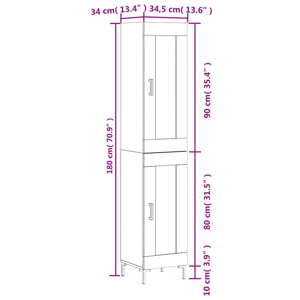 vidaXL Ντουλάπι Λευκό 34,5 x 34 x 180 εκ. από Επεξεργασμένο Ξύλο