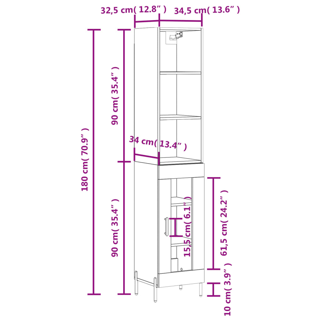 vidaXL Ντουλάπι Γυαλ. Λευκό 34,5 x 34 x 180 εκ. από Επεξεργασμένο Ξύλο