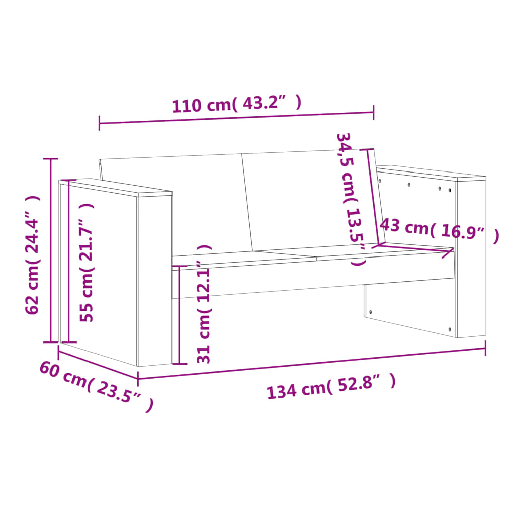 vidaXL Καναπές Κήπου Διθέσιος 134x60x62 εκ. Μασίφ Ξύλο Ψευδοτσούγκας