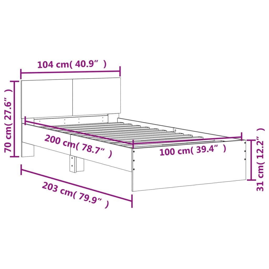 vidaXL Πλαίσιο Κρεβατιού με Κεφαλάρι και LED Γκρι sonoma 100 x 200 εκ.