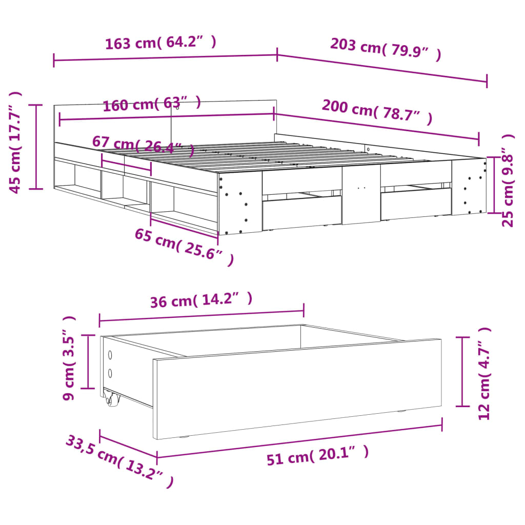 vidaXL Πλαίσιο Κρεβατιού με συρτάρια Sonoma Δρυς 160x200εκ. Επεξ. Ξύλο