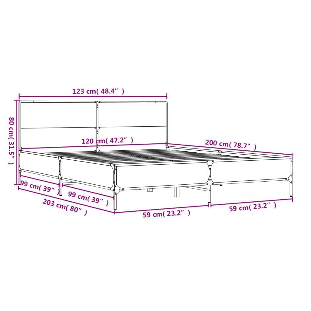 vidaXL Πλαίσιο Κρεβατιού Καφέ Δρυς 120x200 εκ. Επεξ. Ξύλο & Μέταλλο