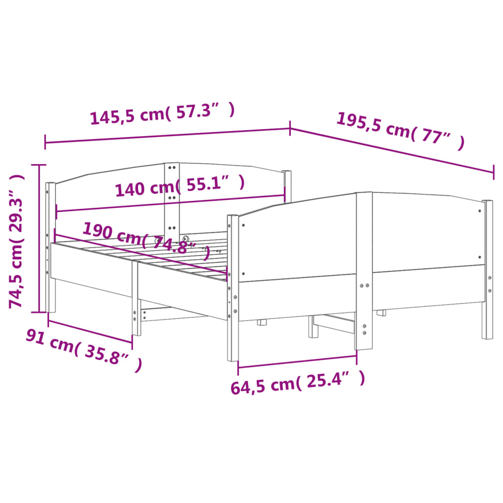 vidaXL Σκελετός Κρεβατιού Χωρίς Στρώμα 140x190 εκ Μασίφ Ξύλο Πεύκου