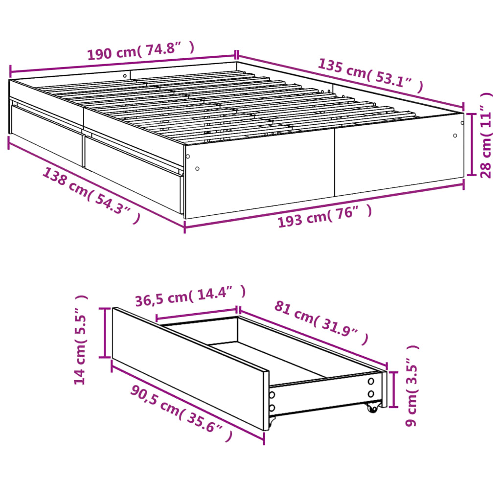 vidaXL Πλαίσιο Κρεβατιού με συρτάρια Γκρι sonoma 135x190εκ. Επεξ. Ξύλο