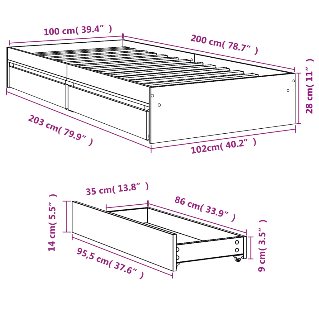 vidaXL Πλαίσιο Κρεβατιού με συρτάρια Γκρι sonoma 100x200εκ. Επεξ. Ξύλο