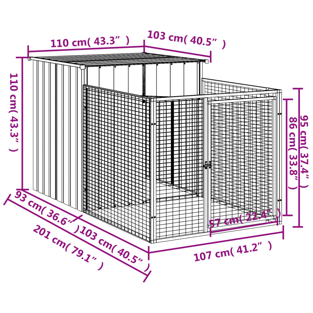 vidaXL Σπιτάκι Σκύλου με Αυλή Ανθρακί 110x201x110 εκ. Γαλβαν. Χάλυβας