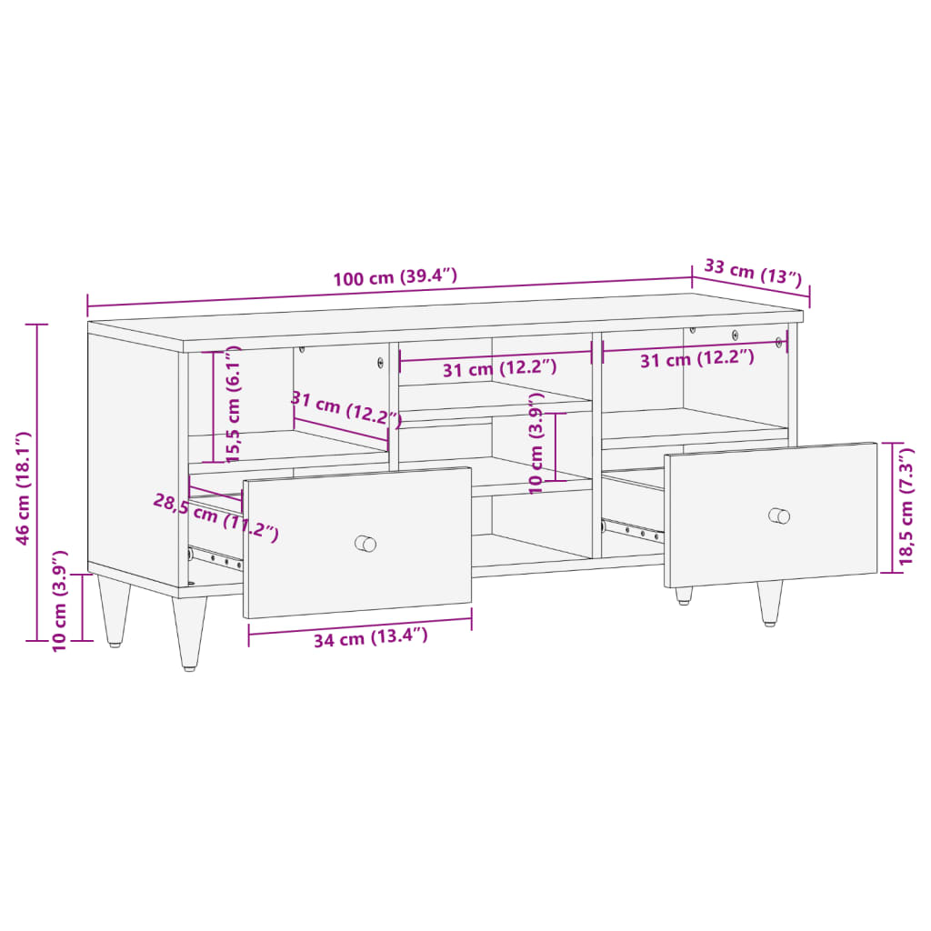 vidaXL Έπιπλο Τηλεόρασης 100 x 33 x 46 εκ. από Μασίφ Ξύλο Μάνγκο