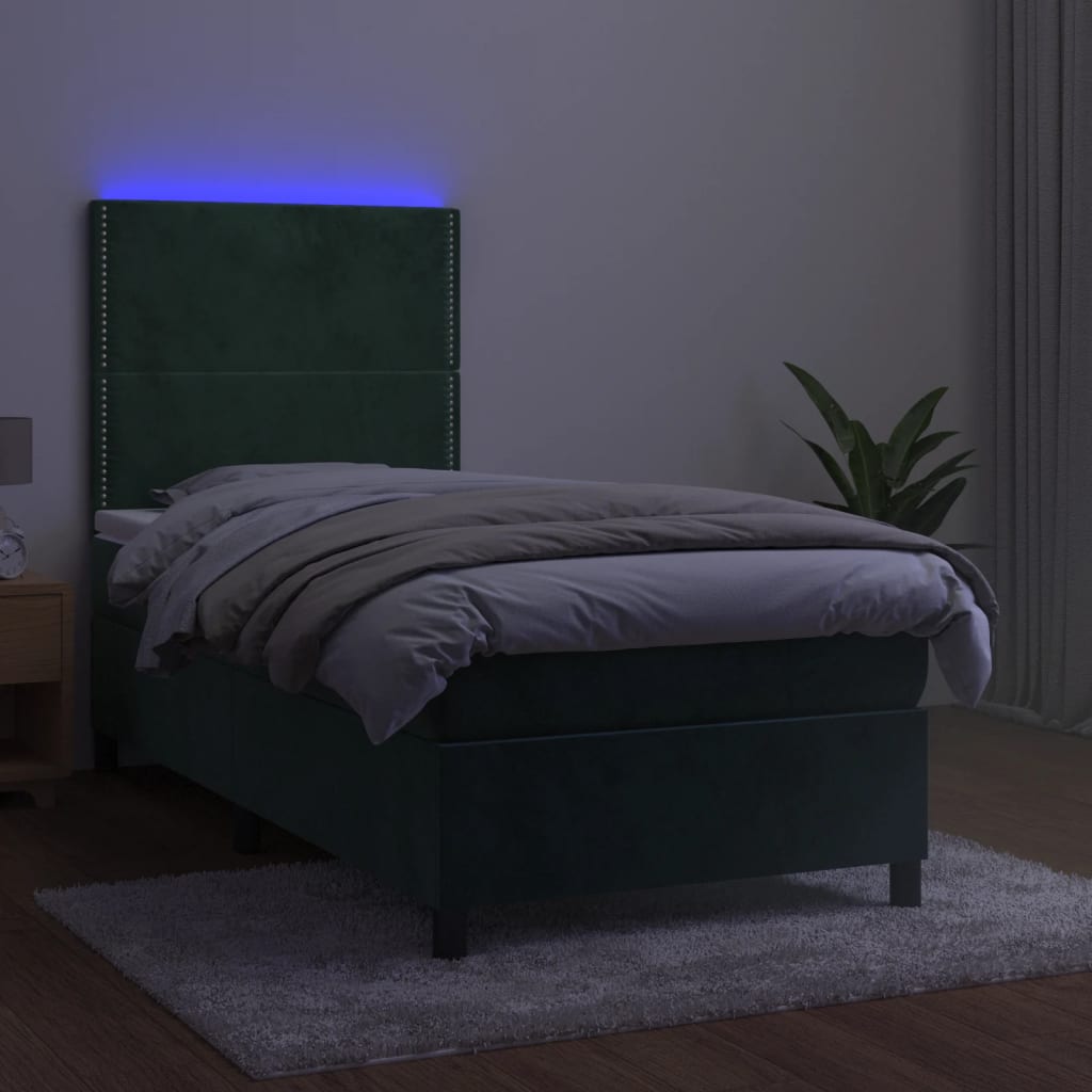 vidaXL Κρεβάτι Boxspring με Στρώμα & LED Σκ. Πράσινο 80x200 εκ Βελούδο