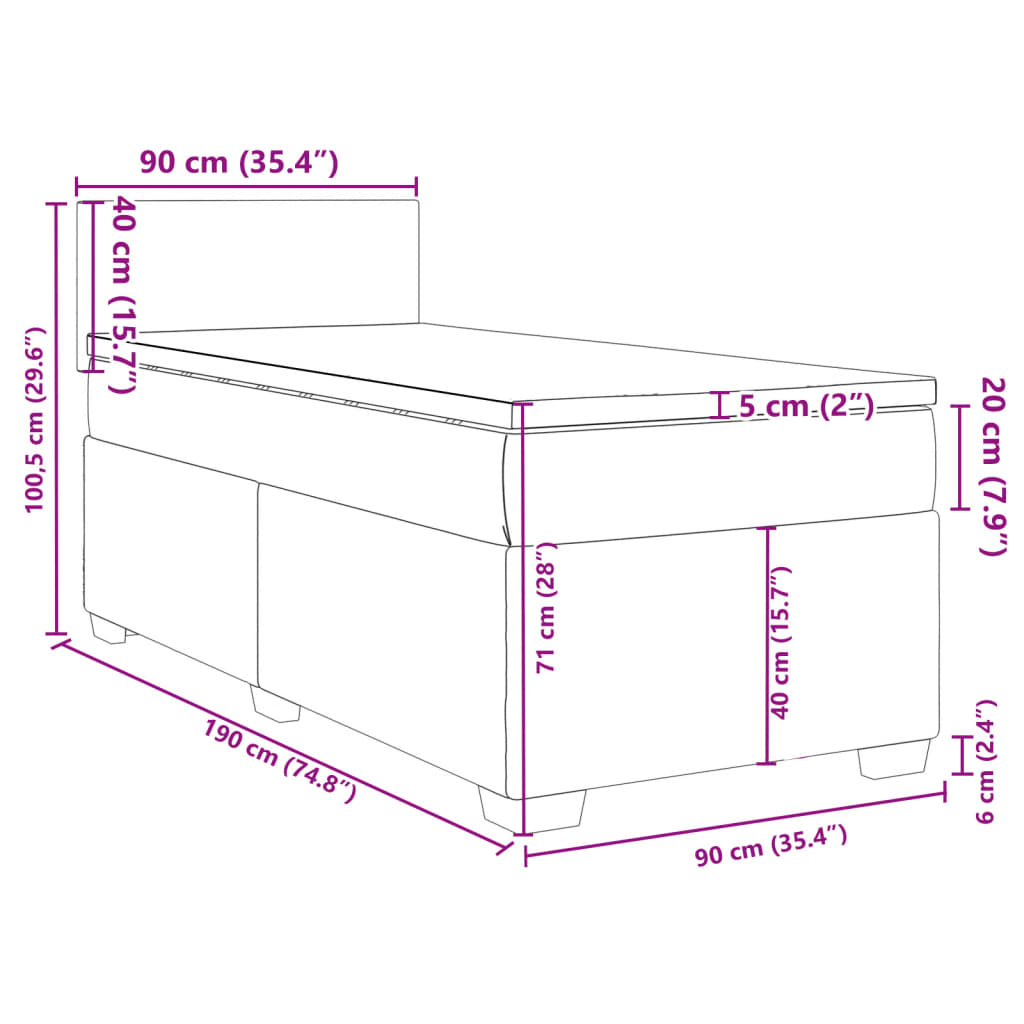 vidaXL Κρεβάτι Boxspring με Στρώμα Μαύρο 90x190 εκ.Υφασμάτινο