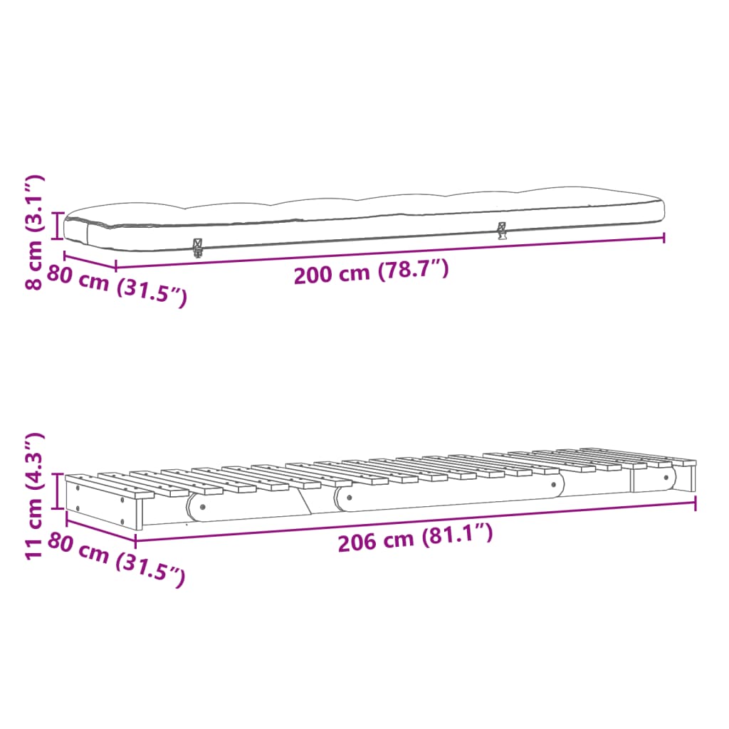 vidaXL Καναπές Κρεβάτι Futon/Στρώμα 80x206x11 Μασίφ Ξύλο Ψευδοτσούγκα