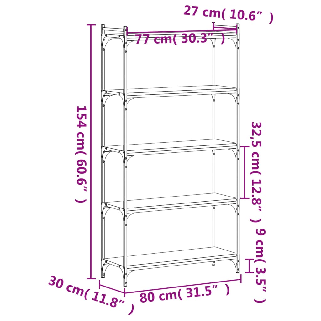 vidaXL Βιβλιοθήκη 5 Επιπέδων Καφέ Δρυς 80 x 30 x 154 εκ. Επεξεργ. Ξύλο