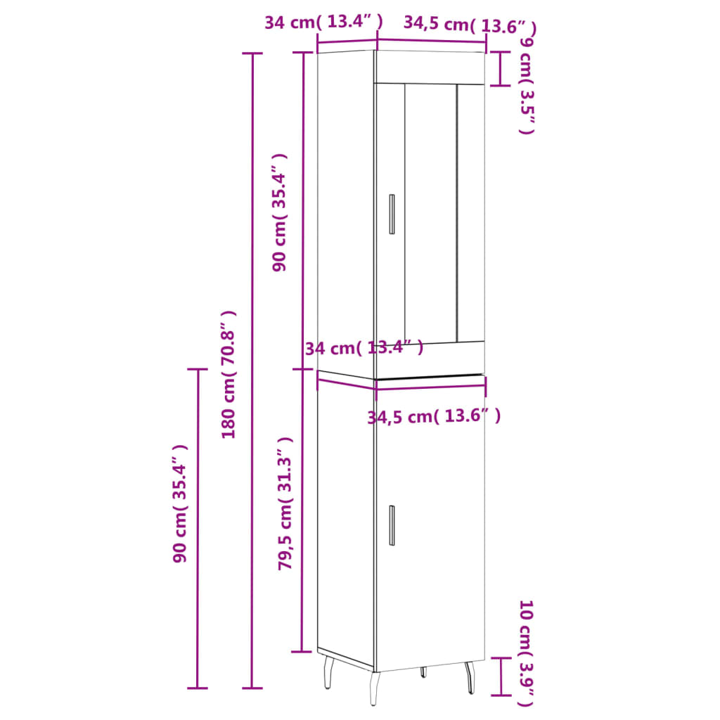 vidaXL Μπουφές Sonoma Γκρι 34,5 x 34 x 180 εκ. από Επεξεργασμένο Ξύλο