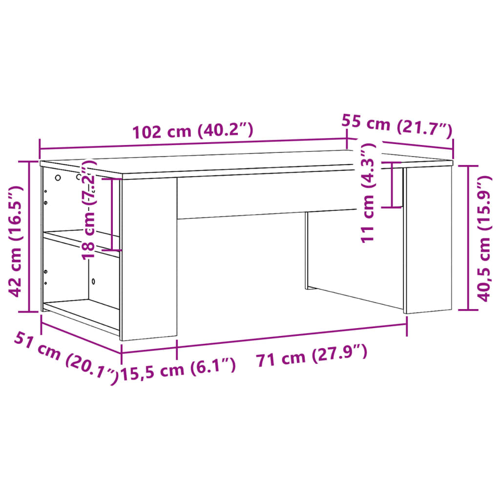 vidaXL Τραπεζάκι Σαλονιού Καφέ Δρυς 102x55x42 εκ. Επεξεργασμένο Ξύλο