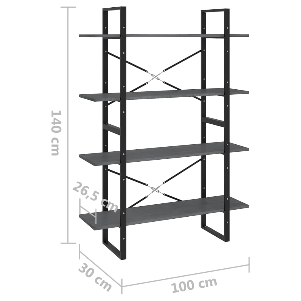 vidaXL Βιβλιοθήκη με 4 Ράφια Γκρι 100x30x140 εκ. από Μασίφ Ξύλο Πεύκου