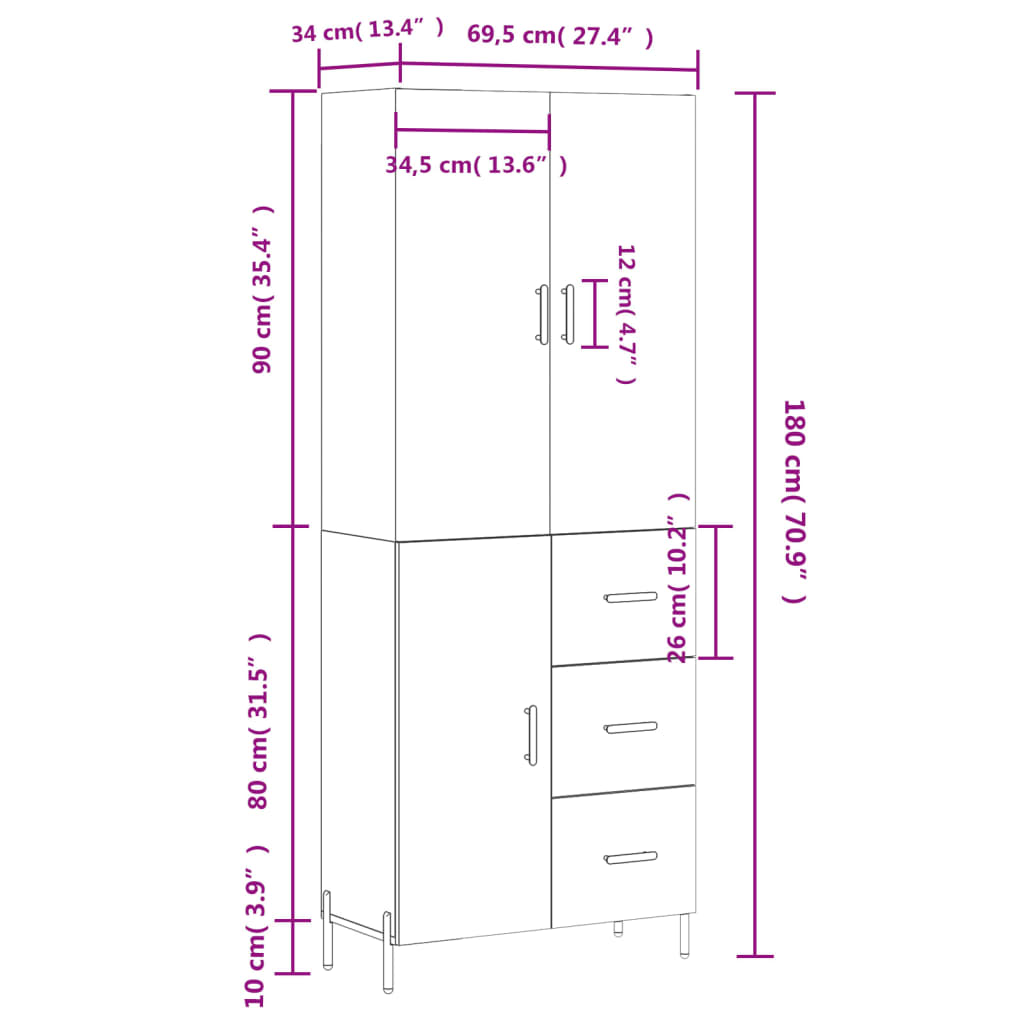 vidaXL Ντουλάπι Λευκό 69,5x34x180 εκ. από Επεξεργασμένο Ξύλο