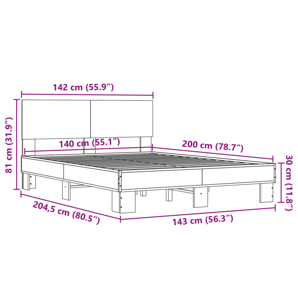 vidaXL Πλαίσιο Κρεβατιού Καφέ Δρυς 140x200 εκ. Επεξ. Ξύλο & Μέταλλο