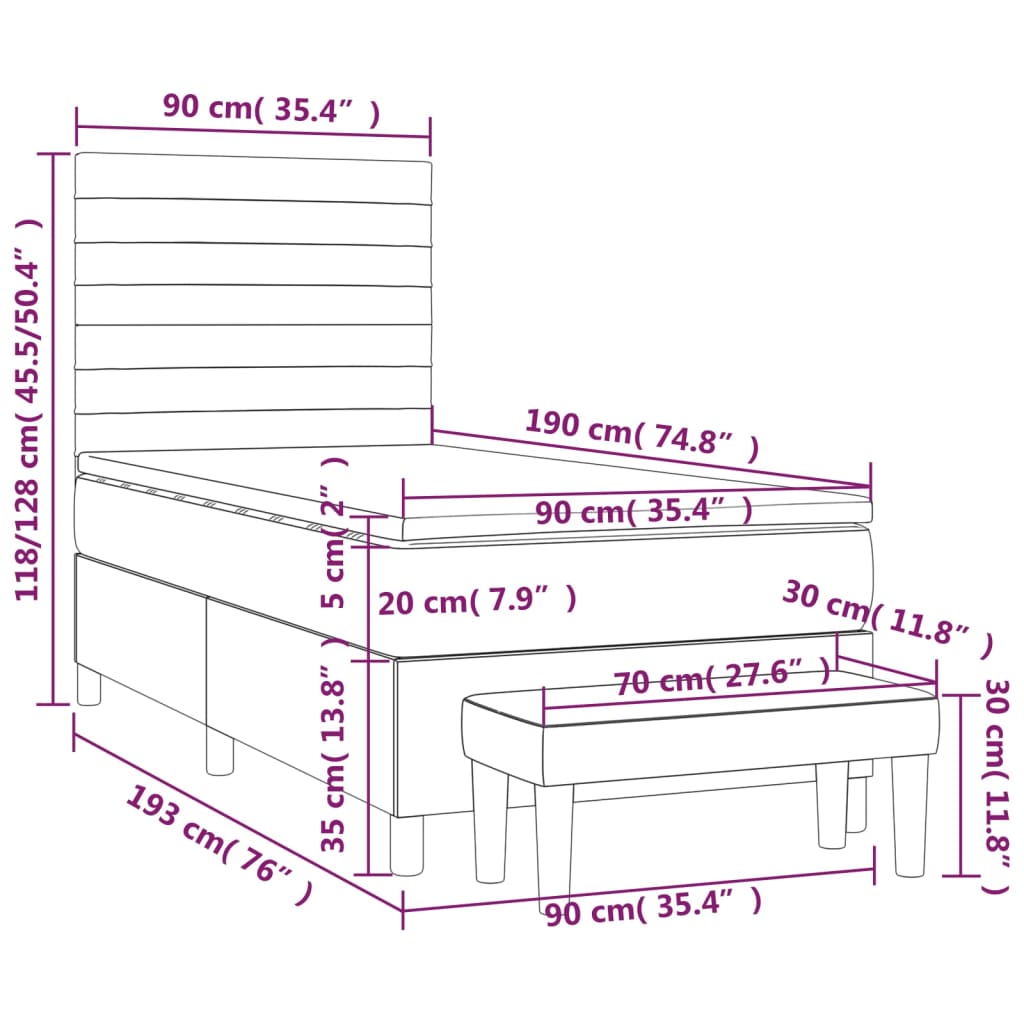 vidaXL Κρεβάτι Boxspring με Στρώμα Κρεμ 90x190 εκ.Υφασμάτινο