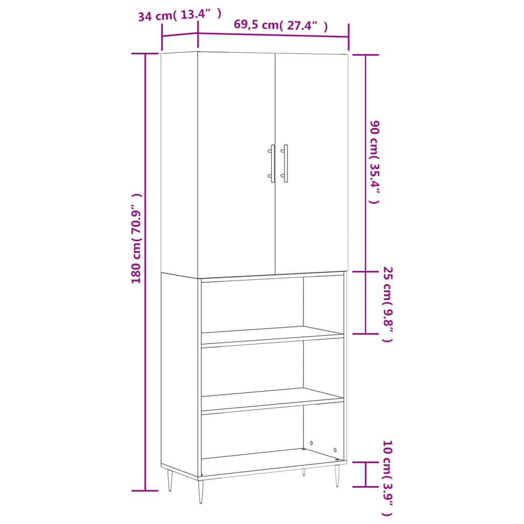 vidaXL Ντουλάπι Γκρι Sonoma 69,5 x 34 x 180 εκ. Επεξεργασμένο Ξύλο