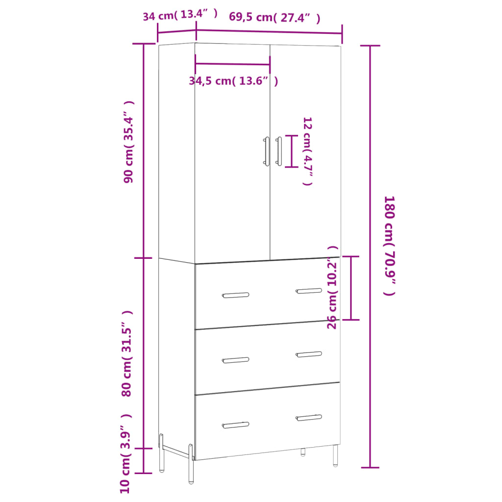 vidaXL Ντουλάπι Γυαλιστερό Λευκό 69,5x34x180 εκ. Επεξεργασμένο Ξύλο