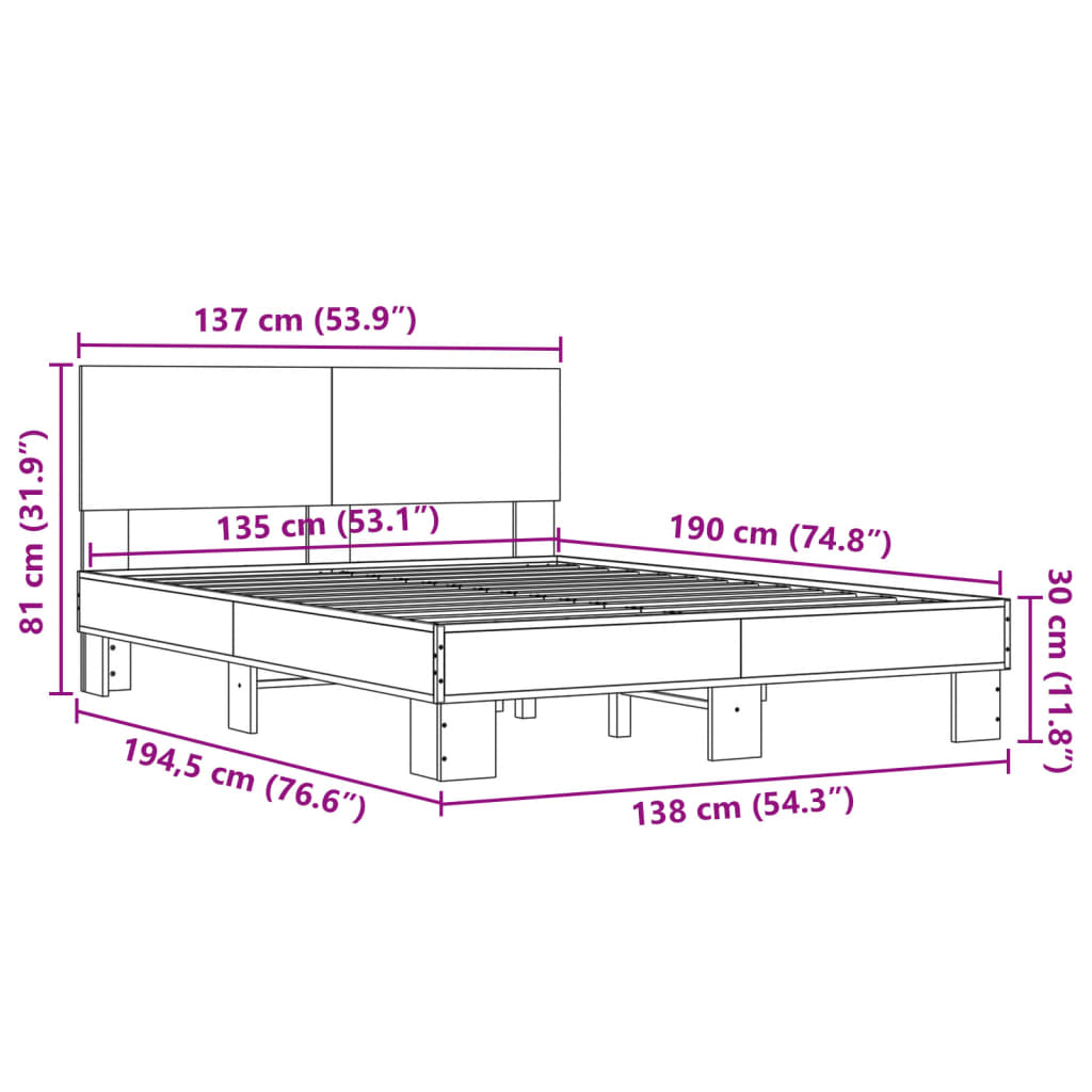 vidaXL Πλαίσιο Κρεβατιού Sonoma Δρυς 135x190 εκ. Επεξ. Ξύλο & Μέταλλο