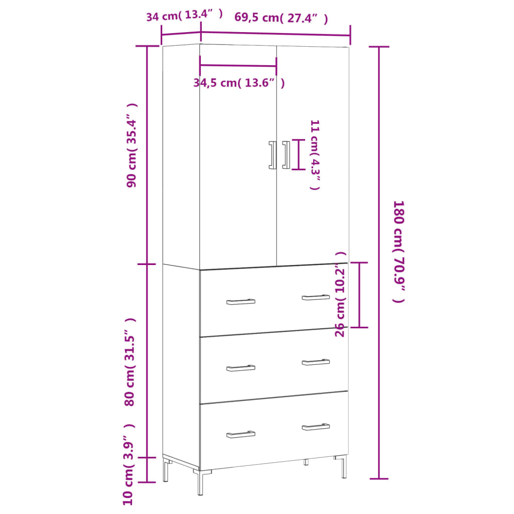 vidaXL Ντουλάπι Γκρι Sonoma 69,5 x 34 x 180 εκ. Επεξεργασμένο Ξύλο